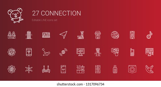 connection icons set. Collection of connection with usb, smartphone, airport, router, networking, settings, mailbox, computer, earth grid. Editable and scalable connection icons.