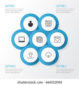 Connection Icons Set. Collection Of Website Bookmarks, Followed Website, Website Page And Other Elements. Also Includes Symbols Such As Upload, User, Person.
