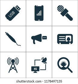 Connection icons set with connector plug, communication tower, horn and other antenna elements. Isolated vector illustration connection icons.