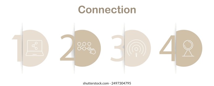 Connection icons set. Laptop with network, network nodes, alert signal, satellite dish