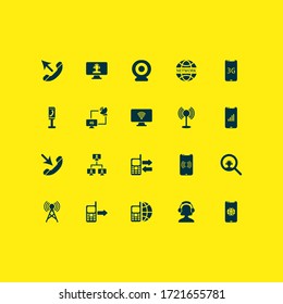 Connection icons set with search dispatcher, computer operator, satellite with computer and other hotspot elements. Isolated vector illustration connection icons.