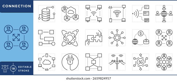 Conjunto de iconos de conexión. Servidor, personas, jerarquía, computación en la nube, soluciones y muchos más. Vector de trazo editable.