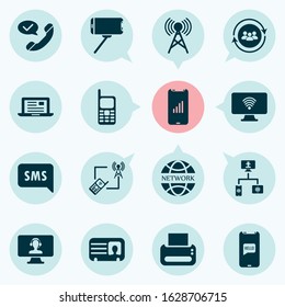 Connection icons set with team communication, selfie stick, printer and other antenna elements. Isolated vector illustration connection icons.