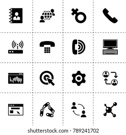 Connection icons. vector collection filled connection icons. includes symbols such as adress book, communication, gear, chain, pc, call. use for web, mobile and ui design.