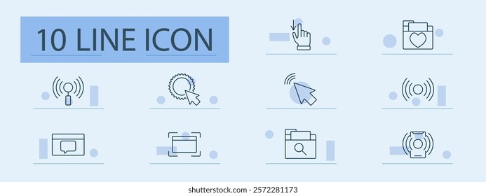 Connection and interaction set icon. Touch, click, favorite, signal, search, message, folder, settings, web, control