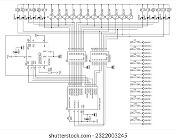 Connection of keyboard, led, com port, relay to 
the microcontroller. Vector electrical
schematic diagram of device of data input. 
Electric background.
Pattern of electronic components, conductors.