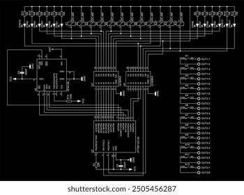 Connection of keyboard, led, com port, relay to 
the microcontroller. Vector electrical
schematic diagram of device of data input. 
Electric background.
Pattern of electronic components, conductors.