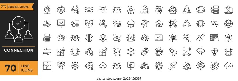 Conjunto de iconos de línea de conexión. Contiene red, unión, colaboración, conectividad, interacción, cable, integración, conexión y más. Trazo editable. Ilustración vectorial