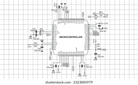 Connection of microcontroller lines to
electronic components (capacitors, resistors,
quartz resonator). Vector diagram of electrical
schematic of electronic device. Processor chip on 
grid background.