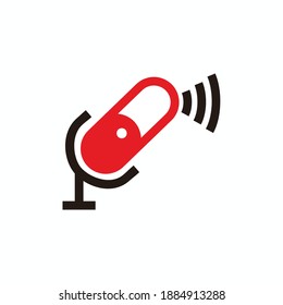 connection microphone icon for broadcast or podcast sign - red, white and black illustrations 