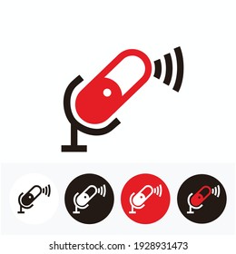 connection microphone icon set for broadcast or podcast sign - red, white and black illustrations set