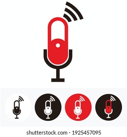connection microphone set icon for broadcast or podcast sign - red and black illustrations microphone set icon isolated on white, red and black