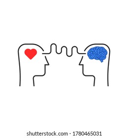 connection of mind and heart with heads. flat linear modern simple iq or bias logotype graphic design isolated on white background. psychoanalysis with mentor or behavior help and emotional intellect