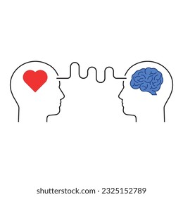 connection of mind and heart with heads. flat linear modern simple iq or bias logotype graphic design isolated on white background. psychoanalysis with mentor or behavior help and emotional intellect