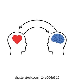 conexión de la mente y el corazón con las cabezas. Diseño gráfico de logotipo simple iq o bias lineal moderno plano aislado sobre fondo blanco. psicoanálisis con