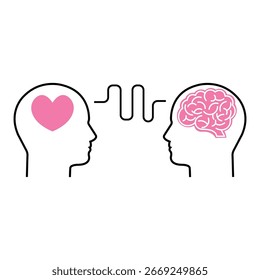 conexão da mente e do coração com as cabeças. plano linear moderno simples iq ou viés logotipo design gráfico isolado no fundo branco. psicanálise com mentor ou comportamento ajuda e intelecto emocional