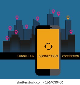 connection, mobile phone communication with different subscribers. geotagging in a big city.