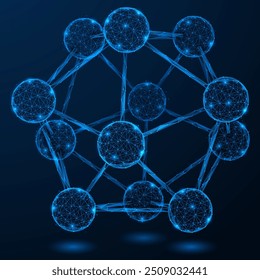 Connection of molecules. Polygonal design of interconnected lines and dots. Blue background.