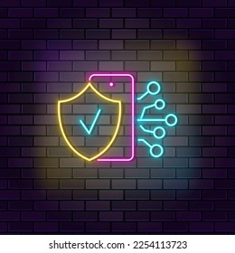 Verbindung, Netzwerk, Schutzneon, Vektorsymbol auf dunklem Hintergrund. Neon Connection, Netzwerk, Schutz, Vektorsymbol