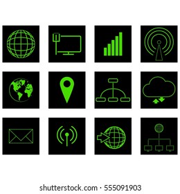 Connection networking black and green square vector icon set