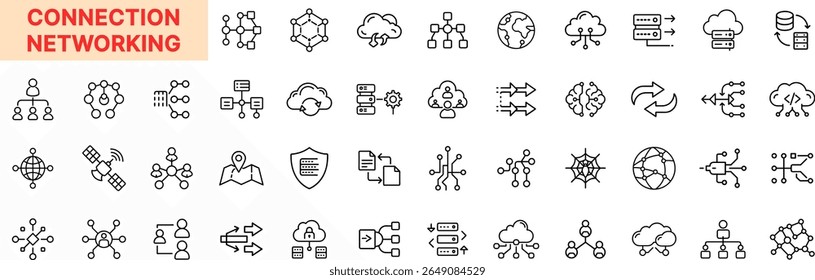 Conjunto de Ícones de Linha de Conexão e Rede com Computação em Nuvem, Compartilhamento de Dados, Nós de Rede, Fluxo da Internet, Proteção do Servidor, Segurança Digital, Acesso do Usuário, Roteamento de Sinal e Hub de Comunicação