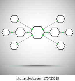 Connection of the nine hexagonal cells. Gray-green. Vector graphics