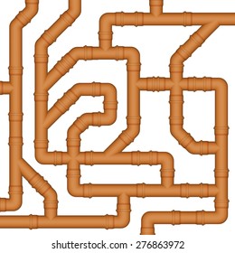 Connection of orange plastic sewer pipes. Vector Image.