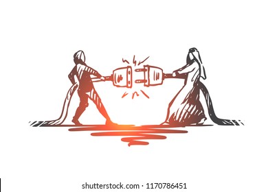 Connection, partnership, synergy, together, muslim concept. Hand drawn muslim men in work collaboration concept sketch. Isolated vector illustration.