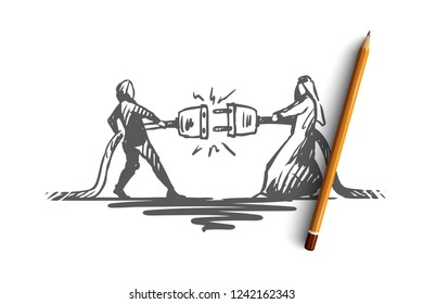 Connection, partnership, synergy, together, muslim concept. Hand drawn muslim men in work collaboration concept sketch. Isolated vector illustration.