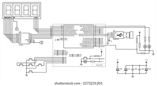 Conexión de dispositivos periféricos (teclado, pantalla lcd, usb) al arduino. Diagrama esquemático eléctrico vectorial de dispositivo electrónico para la lectura y salida de datos. Dibujo técnico (ingeniería).