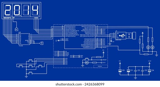 Connection of peripheral devices (keyboard, lcd display,
usb) to arduino. Vector electrical
schematic diagram of electronic device for reading and 
outputting data. Technical engineering drawing.