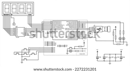 Connection of peripheral devices (keyboard, lcd display, usb) to the arduino. Vector electrical schematic diagram of electronic device for reading and outputting data. Technical (engineering) drawing.