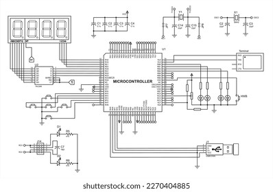 Connection of peripheral devices (terminal, keyboard, lcd display,
usb) to the microcontroller. Vector electrical
schematic diagram of an electronic device for reading and outputting data.