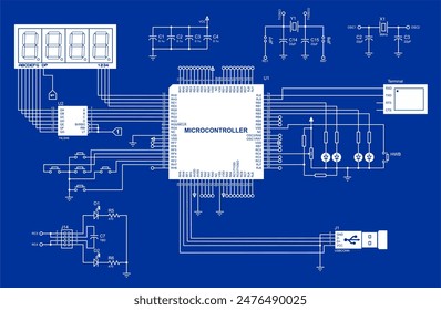 Conexión de dispositivos periféricos (terminal, teclado, pantalla lcd,
usb) al microcontrolador. Vector diagrama esquemático eléctrico de un dispositivo electrónico para leer y emitir datos.