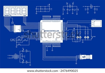 Connection of peripheral devices (terminal, keyboard, lcd display,
usb) to the microcontroller. Vector electrical schematic diagram of an electronic device for reading  and outputting data.