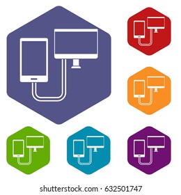 Connection phone icons set hexagon isolated vector illustration