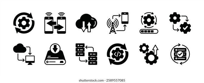 Connection process technology icon vector set. Containing optimization, share, download and upload, network, progress, internet, data storage, copy, system, development, improvement