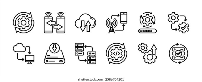 Connection process technology thin line icon vector set. Containing optimization, share, download and upload, network, progress, internet, data storage, copy, system, development, improvement 