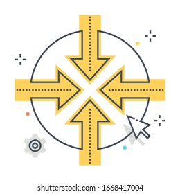 Icono vectorial de línea de color relacionado con la conexión, ilustración. El icono trata de flechas, completas, entrantes, conectar, túnel, red. La composición es infinitamente escalable.