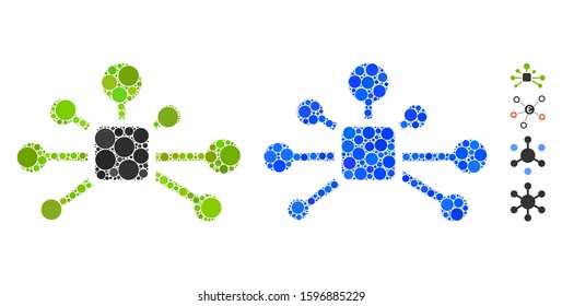Connection relations composition of round dots in variable sizes and color hues, based on connection relations icon. Vector round dots are composed into blue composition.
