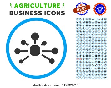 Connection Relations rounded icon with agriculture business icon set. Vector illustration style is a flat iconic symbol inside a circle, blue and gray colors. Designed for web and software interfaces.