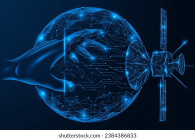 Connection to the satellite network. Polygonal design of interconnected elements. Blue background.