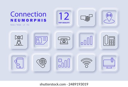 Icono de conjunto de conexiones. Antena, tarjeta SIM, teléfono, señal, WiFi, internet, smartphone, comunicación, red, router, módem, llamada, dispositivo, inalámbrico, conexión, tecnología.