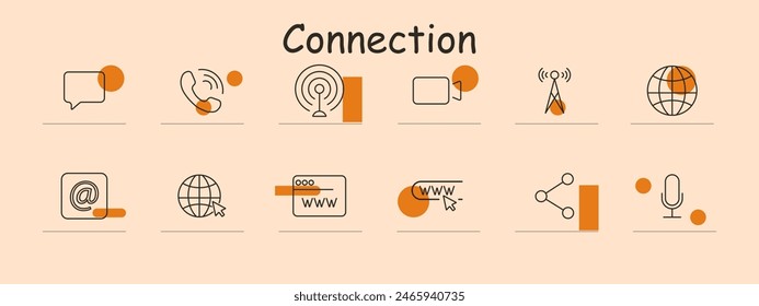 Verbindungssatzsymbol Chatblase, Telefonanruf, WLAN-Signal, Video-Anruf, Antenne, Globus, E-Mail, Web-Adresse, Klicken-Link, Freigabe, Mikrofon. Kommunikation, Vernetzung, Internet.