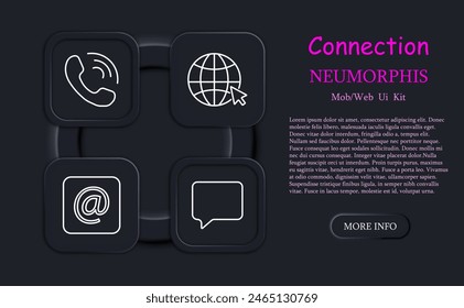 Connection set icon. Chat, communication, neomorphism, telephone, call, signal, network, globe, Internet, window, link, share icon, microphone. Internet communication concept.