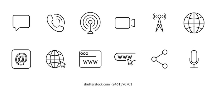 Icono de conjunto de conexiones. Video Sitio web Enlace Chat, teléfono, llamada, comunicación, Concepto de comunicación por Internet.