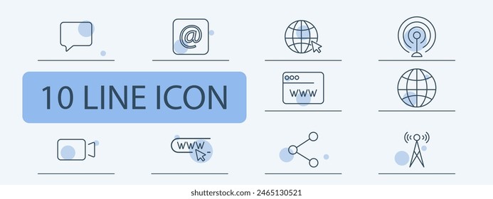 Connection set icon. Chat, phone, call, communication, video camera, antenna, network, globe, Internet, website, WWW, window, link, share icon, microphone. Internet communication concept.