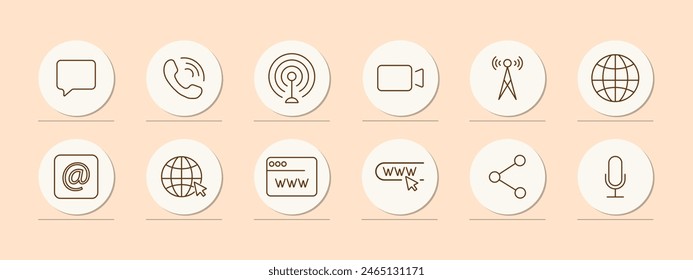 Connection set icon. Chat, phone, call, communication, video camera, antenna, network, globe, Internet, website, WWW, window, link, share icon, microphone. Internet communication concept.