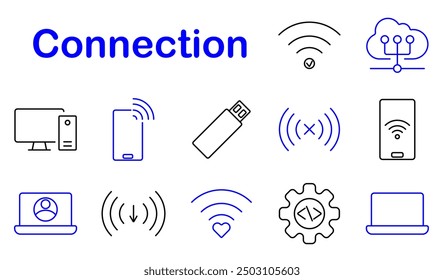 Connection set icon. Computer, smartphone, cloud, wireless, USB, signal, download, settings, online, communication, network, data, technology, digital, infrastructure, mobile, connectivity, internet