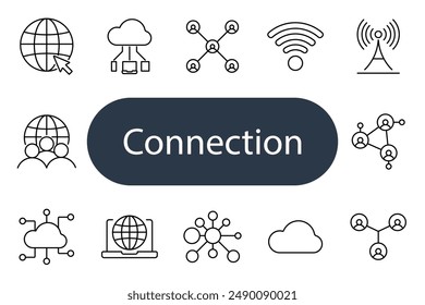 Connection set icon. Globe, cloud, network, wifi, antenna, people, hub, laptop, link, node, data, internet, sharing, online, global, communication.